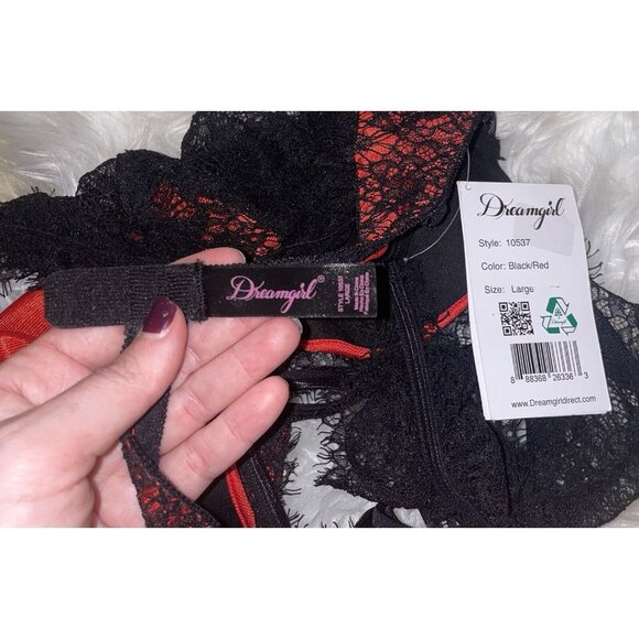 Dreamgirl High Neck Eyelash Lace Collared Teddy Bodysuit 10537 L Large Red Black - Picture 6 of 7